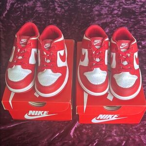 Nike Kids Red and White Dunks Sneakers with Swoosh